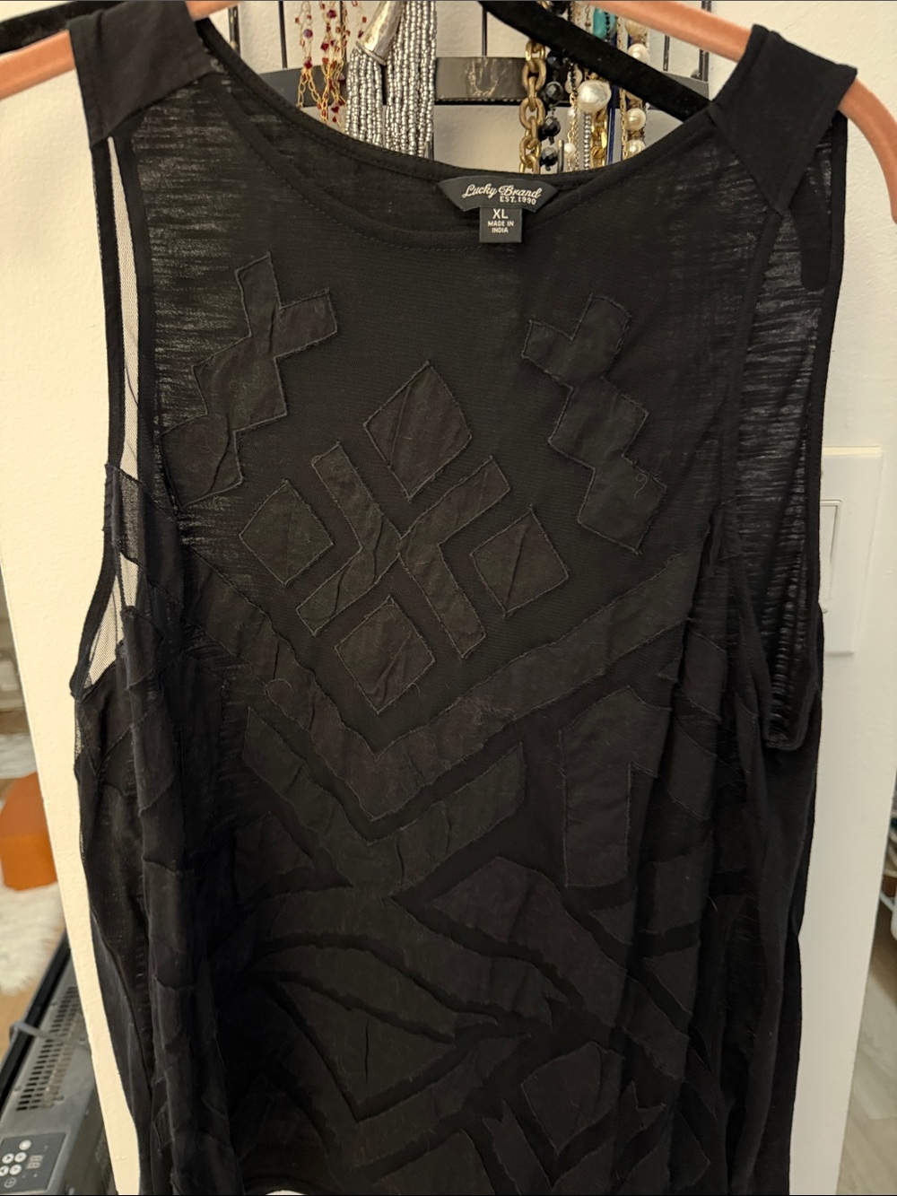 Lucky Brand Black Sheer Geometric Appliqué Tank Top